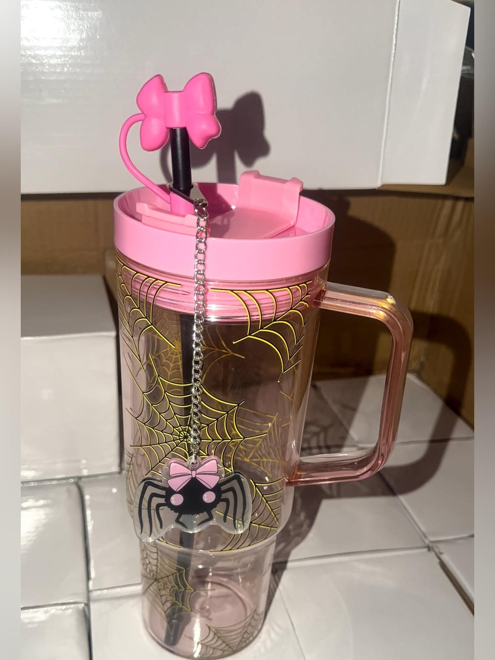 40 oz Pink Spiderweb Handled Acrylic Tumbler w Lid Straw Chain Halloween